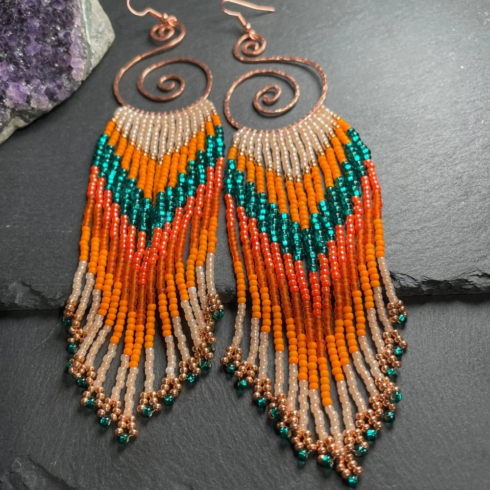 Hammered Copper Hoops With Long Orange Teal Glass Beaded Fringe Earrings - Picture 4 of 11
